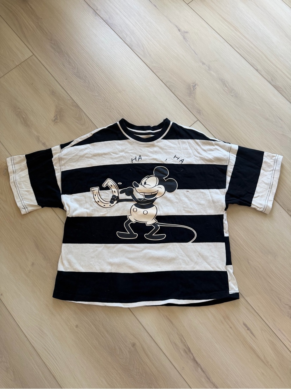 Disney Black & White Striped Short Sleeve Tee with Mickey Graphic